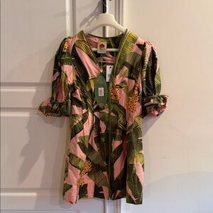 Farm RioTropical Leaf Print Zip-Front Tunic in Pink & Green